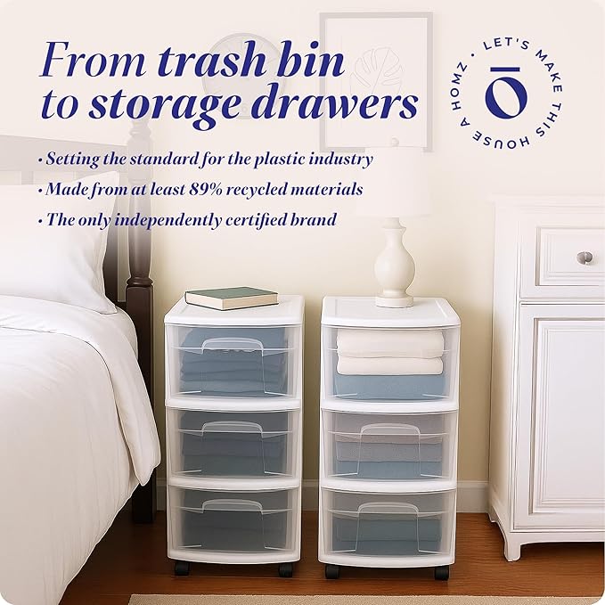 HOMZ 3-Drawer Storage Cart, Plastic Home, Dorm, & Office Organizer, White Frame