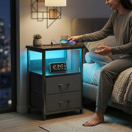 Fixwal Night Stand with Charging Station, LED Nightstand with U-S-B Ports and Outlets for Small Spaces, 2 Fabric Storage Drawers, Bedside Table End Tables Bedroom Decor, Modern Black