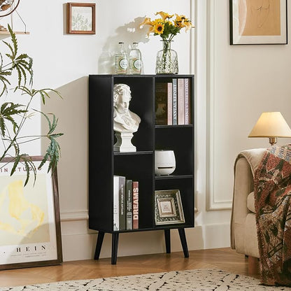 LEYAOYAO 5 Cube Bookshelf 3-Tier Bookcase with Legs,Mint Black Kids Book Shelf Cute Storage Organizer,Free Standing Open Toy Shelves Wood Bookshelves,Display Bookcases for Bedroom,Living Room,Nursery