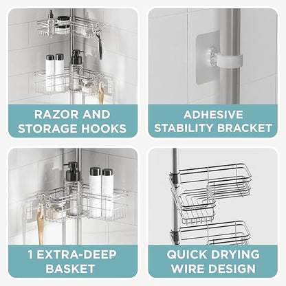 Zenna Home Tension Pole Shower Caddy Corner Organizer, Adjustable Standing Shower Caddy with 4 L-shaped Baskets and Hooks, Rust Resistant Bathroom Tension Rod Organizer, 60 to 97 Inch, Satin Nickel