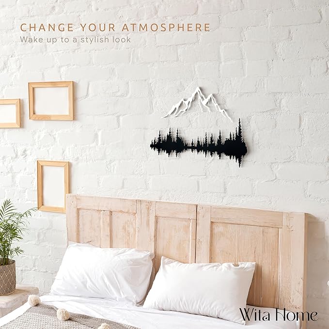 Wita Home Mountain and Forest Metal Wall Art, Wall Mounted Nature Home Decor, Pine Trees with Lake Reflection Wall Art for Living Room, Bedroom or Office, Large Outdoor Wall Decor, Nature Christmas Decor (White Mountain-Black Forest, 18x12 inches)