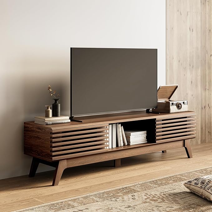 AODK 59" TV Stand for 55"/60"/65" TVs, Mid-Century Modern Fluted Entertainment Center with Sliding Doors, Storage Cabinets & Media Console Table, Living Room & Bedroom, Walnut