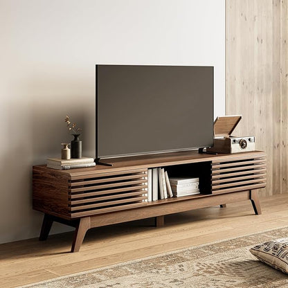 AODK 59" TV Stand for 55"/60"/65" TVs, Mid-Century Modern Fluted Entertainment Center with Sliding Doors, Storage Cabinets & Media Console Table, Living Room & Bedroom, Walnut