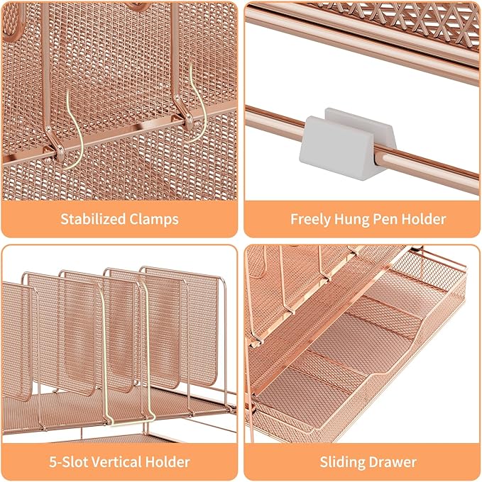 Rose Gold Desk Organizer, Office Organization with Vertical File Holder, File Organizer with Drawer and Office Supplies, Desk Accessories and Workspace Organizers (Rose Gold)