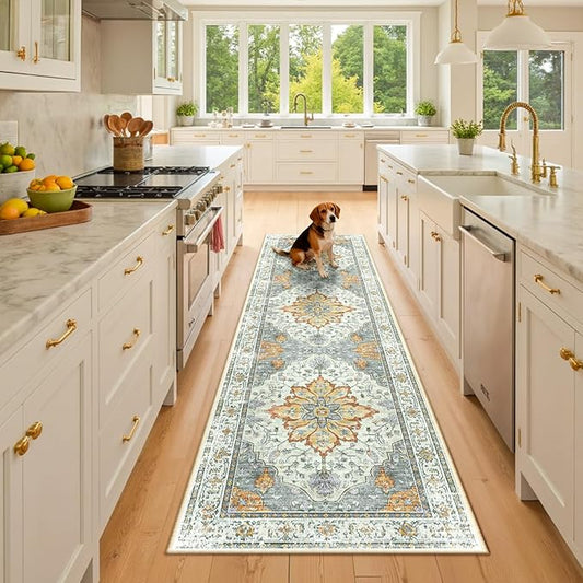 RELEANY Area Rugs Runner 2'x8' Washable Non-Slip, Floral Vintage Distress Medallion Carpet for Kitchen Hallway Bedroom Beside Laundry Room Bathroom, Beige Carbon Grey Orange