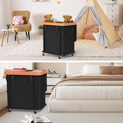 190L (50 Gal) Large Fashion Laundry Basket with Wheels, Leather Patchwork Rolling Hamper Carts, Sturdy Metal Frame, Removable Washable Bag, Tall Clothes Sorter for Bedroom - 2 Setion Black