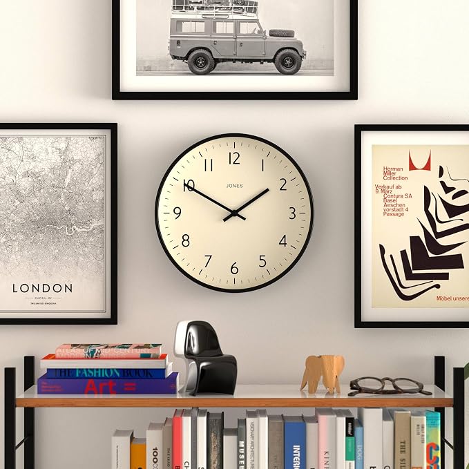 JONES CLOCKS® Studio wall Clock | Modern Round Style | 12 inch | Black | Easy to Read Numbers | Versatile Design for Kitchen, Living Room or Office
