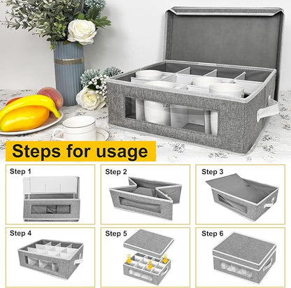 homyfort Mug and Wine Glass Storage Box with Dividers, Stemware Storage Cases and Coffee Cup Storage Organizer, China Crystal Storage Containers Hard Shell for Glassware Protection and Moving (Grey)