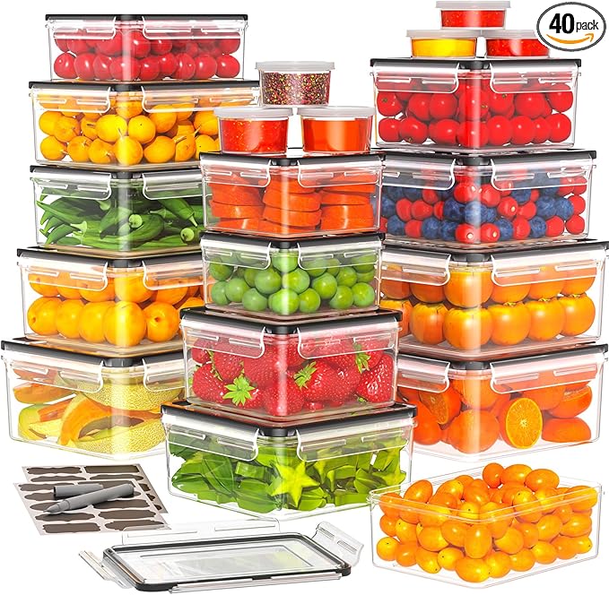 40 PCS Food Storage Containers with Lids Airtight (20 Containers & 20 Lids) - Plastic Food Containers for Kitchen Storage Reusable BPA-Free Leakproof Meal Prep Container with Labels & Pen