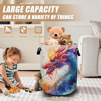 Colorful Dragon Laundry Basket, Foldable Waterproof Laundry Hamper Tote Bag Dirty Clothes Storage Bucket Toy Organizer for Bathroom/Laundry/Bedroom 15.7"x19.6"