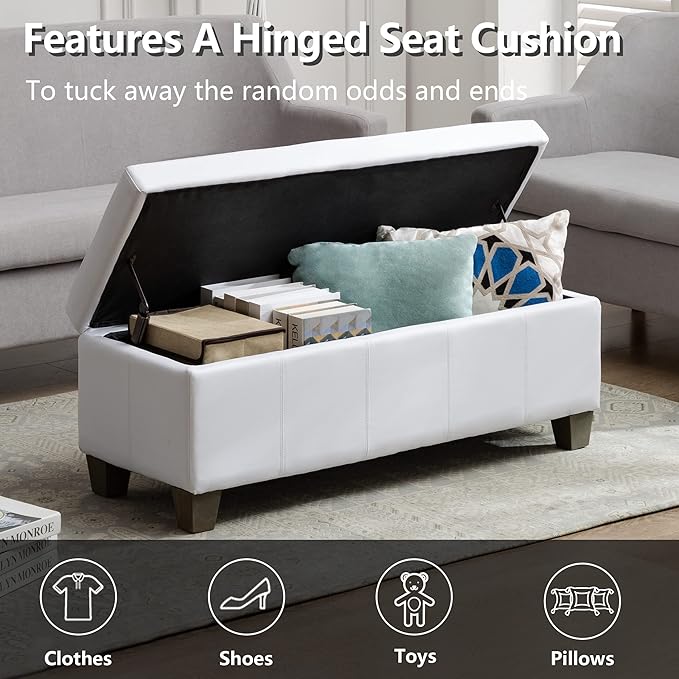 41" Storage Ottoman, Storage Bench with Safety Hinge, Upholstered Synthetic Leather Ottoman Bench for Bedroom, Living Room, Entryway, Hallway, Foot Rest, Support 500lbs