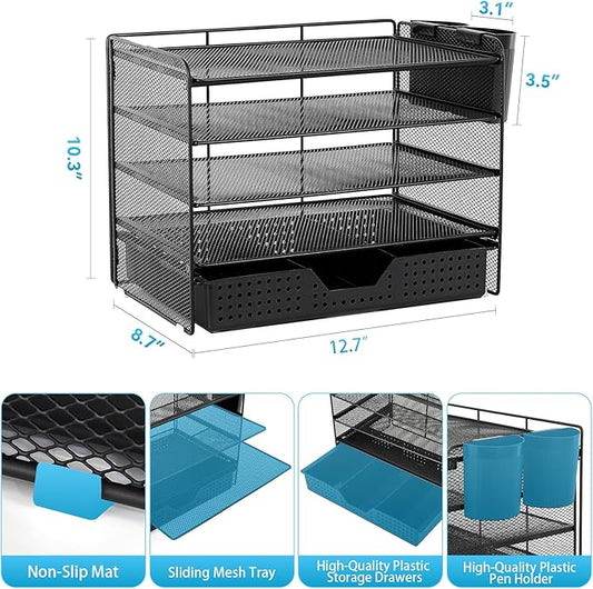 LEKETREE Desk Organizer and Accessories, 5-Tier Paper Letter Tray Organizer with Drawer & 2 Pen Holders for Desktop File Organization, Office Desk Accessories for Supplies Storage (Black)