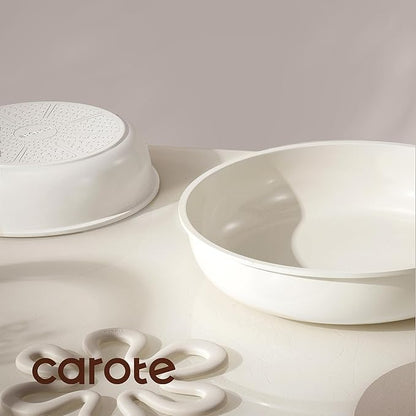 CAROTE Ceramic Pots and Pans Set Non Stick, Nonstick Kitchen Cookware Sets with Lid, Detachable Handle Sauté Pan Set, Non Toxic Frying Pan, Oven Safe, Induction Ready, Cream White