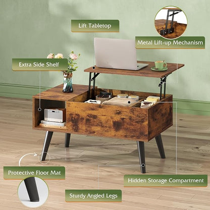 WLIVE Coffee Table for Living Room, Small Coffee Table with Storage, Lift Top Modern Wooden Dining Center Table with Storage Shelf & Hidden Compartment, 31.5" Rustic Brown