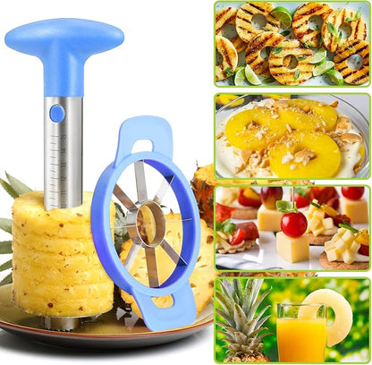 OOKUU Pineapple Corer Cutter, Stainless Steel Fruit Pineapple Peeler Slicer [Upgraded, Reinforced, Thicker Blade], Pineapple Core Remover with Measure Mark, for Diced Pineapple Ring (Blue)