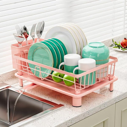 GAOKASE Dish Drying Rack, Stainless Steel-Dish Rack, Dish Racks for Kitchen Counter, Kitchen Dish Drainers with Removable Utensil Holder,New Drain Outlet,Plate Rack and Drainboard,(Pink-11 W x 15" L)
