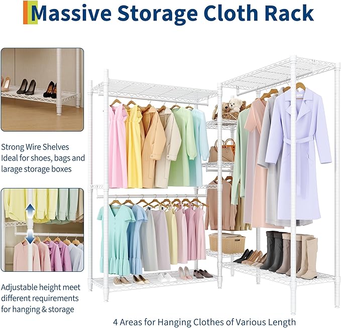1630 LBS Heavy Duty Clothes Rack with Adjustable Shelves, 5 Tiers L-Shaped Freestanding Closet Organizer and Storage for Hanging Clothes, 85.4" W x 17.4" D x 70.5" H