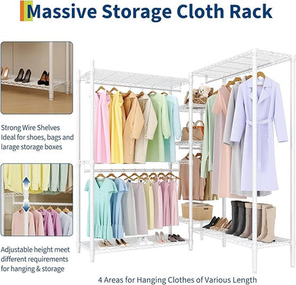 1630 LBS Heavy Duty Clothes Rack with Adjustable Shelves, 5 Tiers L-Shaped Freestanding Closet Organizer and Storage for Hanging Clothes, 85.4" W x 17.4" D x 70.5" H