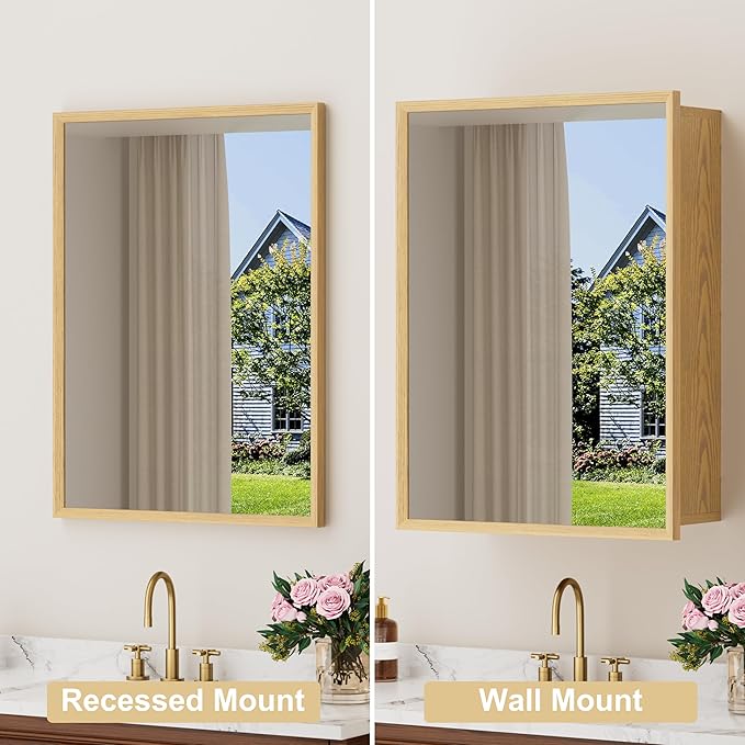16x24 Inch Wood Medicine Cabinet with Mirror, Surface or Recessed Mounted Bathroom Cabinets with Adjustable Shelves, Soft-Close Hinges, Wall Mounted Cabinet for Storage, Oak-Grain