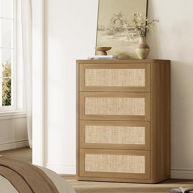 SICOTAS 4 Drawer Dresser for Bedroom-40.59'' Tall Rattan Bedroom Dressers with Oversized Drawers, Modern Wooden Chest of Drawers, Push-to-Open Storage Dresser for Closet, Nursery, Amber Oak, 2PCS
