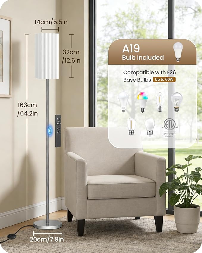 64.2” Dimmable Floor Lamp for Living Room with Remote and Foot Switch, Corner Floor Lamp for Bedroom, Includes 10W A19 Bulb, Modern Standing Tall Lamp, ETL Listed, Silver and White SCW17LD05