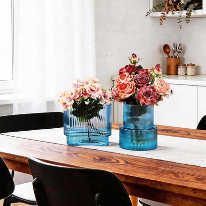 Blue Glass Vases, Set of 2 Ribbed Vases for Flowers, Blue Vase for Tulips, Modern Glass Vase for Living Room, Dining Table, Office, Entryway, Mantle, Bookshelf, Wedding Gifts