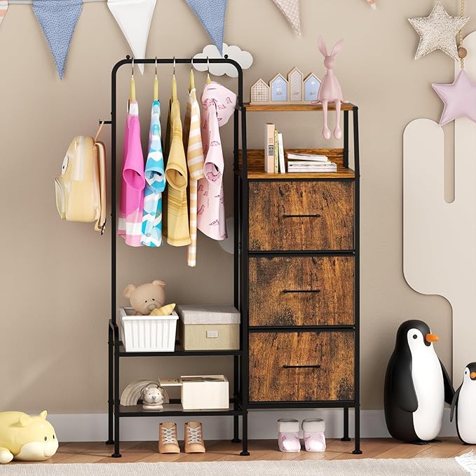 SWTYMIKI Dresser with Hanging Rack - 3 Fabric Drawers Kids Dresser for Bedroom - Reversible Tall Storage Tower, Small Space Clothes Storage Organizer Cabinet for Apartment, Dorm 49.21''H, Espresso