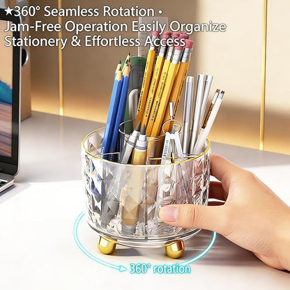 360° Rotating Pencil Holder for Desk, Makeup Brush Holder with 6 Slots, Desk Organizer for Writing Utensil, Office and School Supplies (Transparent)