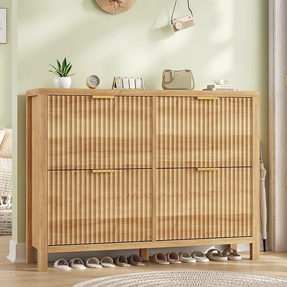Shoe Cabinet Storage for Entryway, Fluted Shoe Cabinet with 4 Flip Drawers, Hidden Shoe Rack Freestanding Wooden Shoe Organizer with Legs for Hallway, Oak