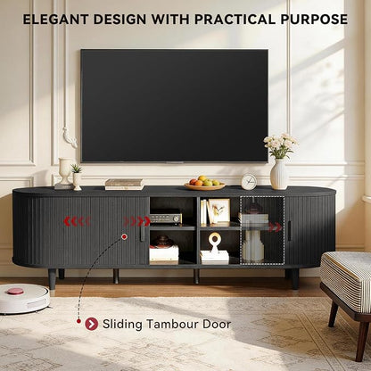 70" Mid Century Modern TV Stand with Power Outlet, Fluted Entertainment Center with Storage and Adjustable Shelves, Wood TV Console with Sliding Doors for Living Room, Black