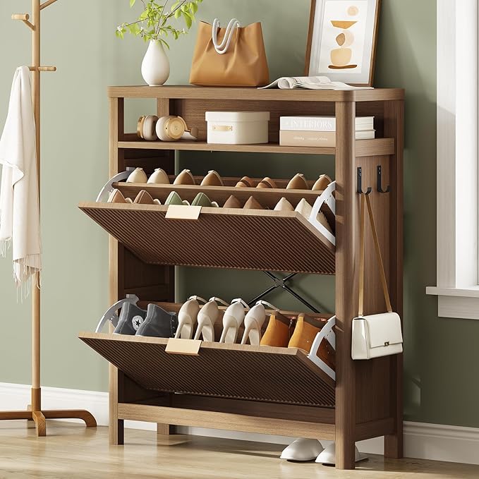 AOGLLATI Shoe Cabinet Storage,Narrow Fluted Shoe Rack Cabinet with 2 Flip Drawers, Wooden Freestanding Organizer with Open Storage Space for Entryway,Wood (Wood)