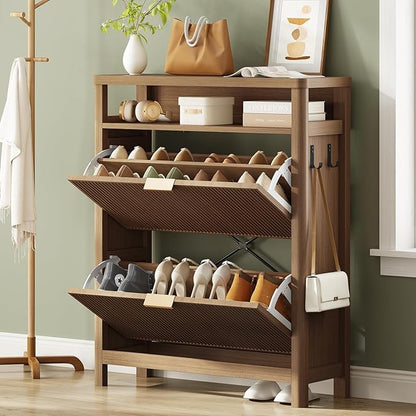 AOGLLATI Shoe Cabinet Storage,Narrow Fluted Shoe Rack Cabinet with 2 Flip Drawers, Wooden Freestanding Organizer with Open Storage Space for Entryway,Wood (Wood)