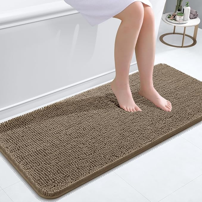 OLANLY Bathroom Runner Rugs 47x20, Extra Soft Absorbent Chenille Bath Rugs, Rubber Backing Quick Dry, Machine Washable Long Bath Mats for Bathroom Floor, Tub and Shower, Home Decor Accessories, Tan