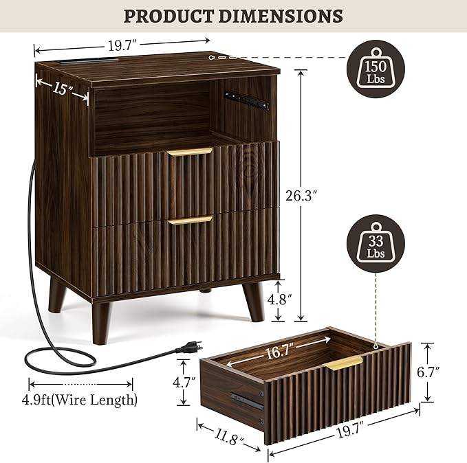 Fluted Night Stand, 20 inch Modern Nightstand with Charging Station Wood Bedside End Table with 3 Large Storage Drawers, Tall Side Table for Bedroom Sofa Office, Walnut