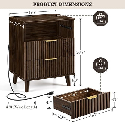 Fluted Night Stand, 20 inch Modern Nightstand with Charging Station Wood Bedside End Table with 3 Large Storage Drawers, Tall Side Table for Bedroom Sofa Office, Walnut