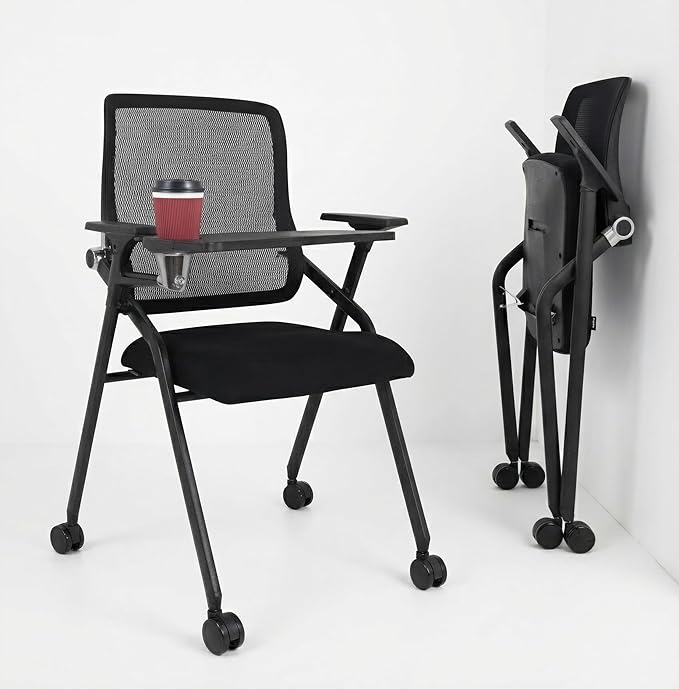 Updated Conference Room Chairs with Tablet Arm, Folding Office Desk Chair with Lumbar Support and Sliding Armrest with Casters, Stackable Office Guest Chairs & Reception Chairs, 20 Pack Black