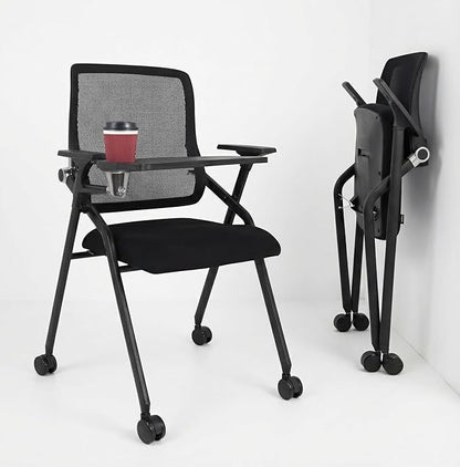 Updated Conference Room Chairs with Tablet Arm, Folding Office Desk Chair with Lumbar Support and Sliding Armrest with Casters, Stackable Office Guest Chairs & Reception Chairs, 20 Pack Black