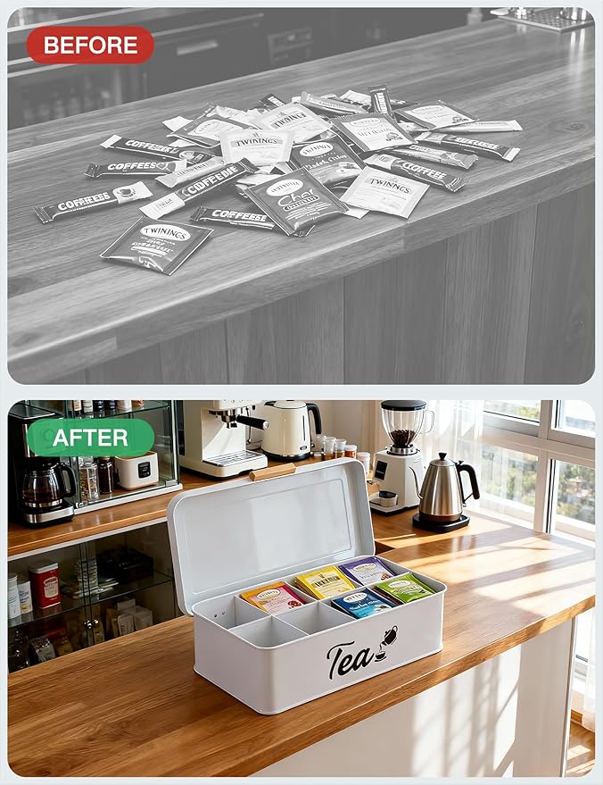 Farmhouse Tea Bag Organizer, Tea Bag Holder with 8 Compartments for Countertop, Tea Box Organizer with Wooden Handle for Home Kitchen