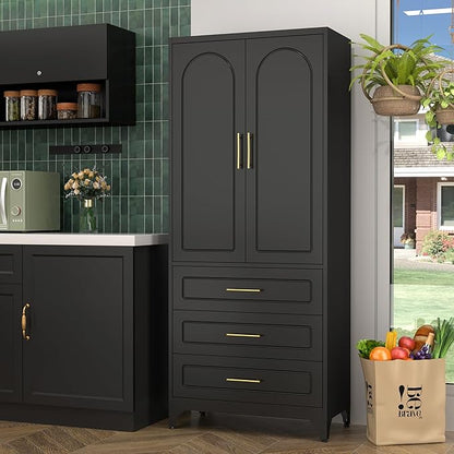 Metal Kitchen Pantry Storage Cabinet with 3 Drawers，75 Inch Black Food Pantry Cabinets for Kitchen Storage with 2 Adjustable Shelves,Tall Storage Cupboard for Living Room,Dining Room Office