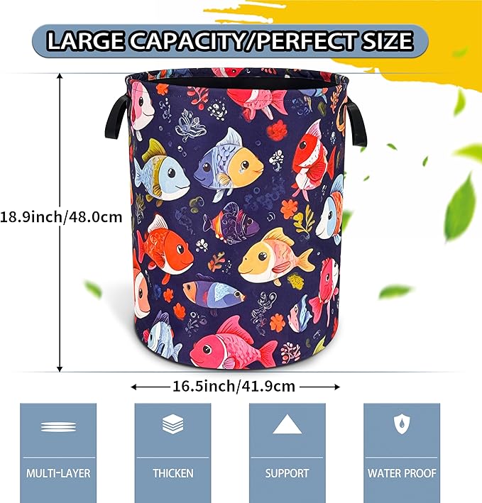 NUTAINLA Fish Laundry Basket Funny Cartoon Foldable Oxford Cloth Tote Bag Laundry Hamper Clothes Storage Bucket Toy Organizer For Bathroom/Laundry Storage/Bedroom 18.9x16.5 Inch