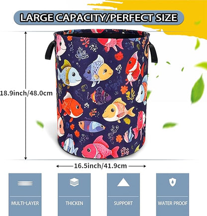 NUTAINLA Fish Laundry Basket Funny Cartoon Foldable Oxford Cloth Tote Bag Laundry Hamper Clothes Storage Bucket Toy Organizer For Bathroom/Laundry Storage/Bedroom 18.9x16.5 Inch