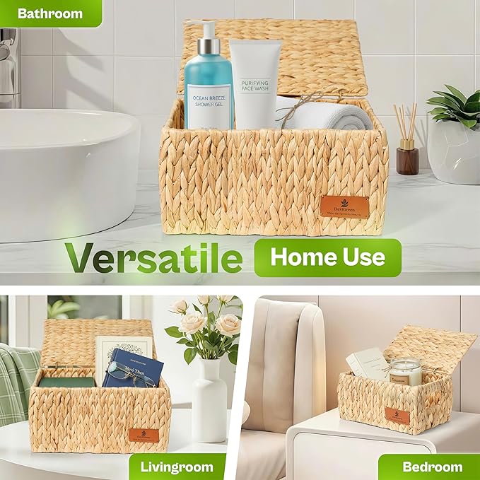 Natural Water Hyacinth Storage Baskets, 3-Piece Handwoven Nesting Organizer Set, Decorative Woven Containers for Bathroom, Kitchen, Living Room (Set 3 Baskets with Lids)