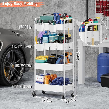 Heavy Duty 4 Tier Rolling Storage Cart Metal with Wheels, White Four Tiered Utility Roller Carts Organizer on Wheels for Art, Craft, Baby Diaper Caddy, Snack, Book, Large-Capacity Shelving Units, 37in
