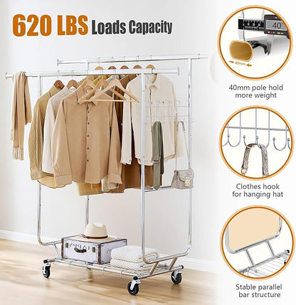 Heavy Duty Clothes Rack Load 620 Lbs, Double Rod Rolling Clothing Rack With Sturdy Wheel And Shelves，Adjustable Portable Hanging Rack For Clothes,Silver Stainless Steel