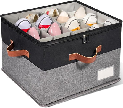 1 Pack Shoe Organizer for Closet, Adjustable Shoe Box Storage Containers, Large Foldable Shoe Bins with Clear Cover, Space Saving Shoes Holder with 4 Handles, Fits 8-16 Pairs, Black