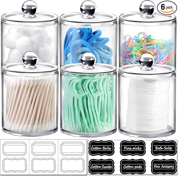 SheeChung 6-Pack Clear Acrylic Apothecary Jars with Labels - (3) 10oz & (3) 12oz Qtip Holder Set - Shatterproof Bathroom Vanity Organizer for Cotton Swabs, Balls, Pads - Minimalist Decor