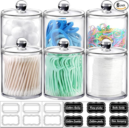 SheeChung 6-Pack Clear Acrylic Apothecary Jars with Labels - (3) 10oz & (3) 12oz Qtip Holder Set - Shatterproof Bathroom Vanity Organizer for Cotton Swabs, Balls, Pads - Minimalist Decor