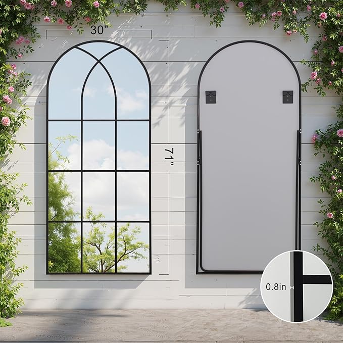 Arched Window pane Full Length Mirror 30"x71", Full Body Standing Mirror, Window Shaped Farmhouse Style with Aluminum Frame, Decor Wall Mirrors for Living Room, Courtyard, Bedroom, Entryway, Black