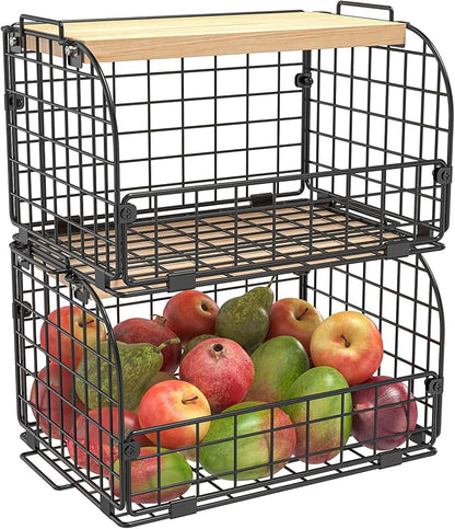 2 Set Stackable Wire Basket with Openable Top, Kitchen Counter, Pantry Organizer and Storage Produce Onion Potato Fruits Vegs Bread Food Snack Spice Organizing Bin for Cabinet Shelf Countertop Floor