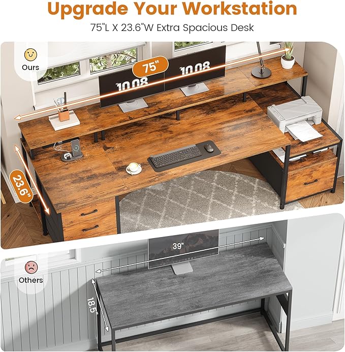 SEDETA Home Office Desk with File Drawer & Power Outlet, 75'' Large Computer Desk with 5 Drawer, Storage Shelves, Monitor Shelf and Led Lights, 23.6" W Desktop Gaming Desk, Rustic Brown